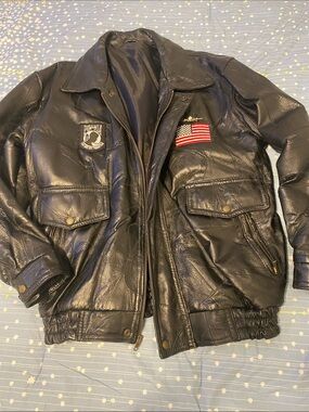 Black Leather Military-Style Jacket with American Flag Patch, nice jacket